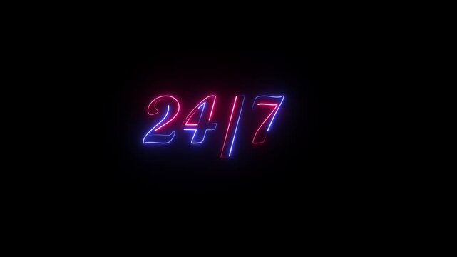 A stunning 4K video featuring a glowing electric blue and hot magenta neon 24/7 text sign with stereoscopic outline effects, isolated on a solid pitch-black background for creative overlays.