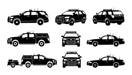 Police Car Icons, Law Enforcement Vehicle Silhouettes, Patrol Car Vector Set, Emergency Service Transport © Tariqul