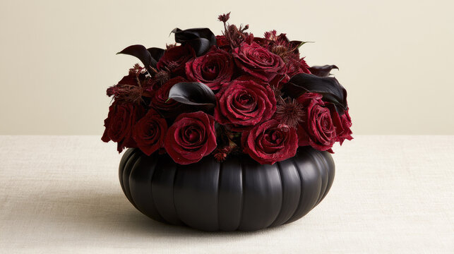 Gothic pumpkin floral centerpiece featuring matte black carved pumpkin bowl filled with burgundy rose and dark calla lily flower, arranged against neutral linen background with soft studio light