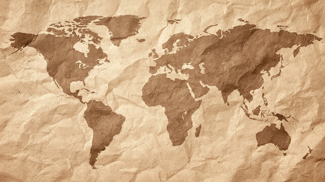 Vintage world map printed on old crumpled brown paper with soft natural lighting. Ideal for travel design and historical concepts.