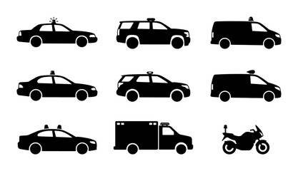 Emergency Vehicle Icons Set: Police Cars, Ambulance, SUV, Van, Motorcycle Silhouettes © Tariqul