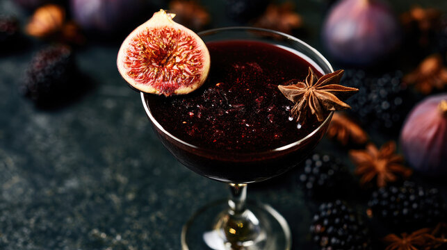 Dark blackberry cocktail with sliced fig and star anise garnish on slate surface, creating elegant seasonal still life with dramatic studio lighting and rich texture