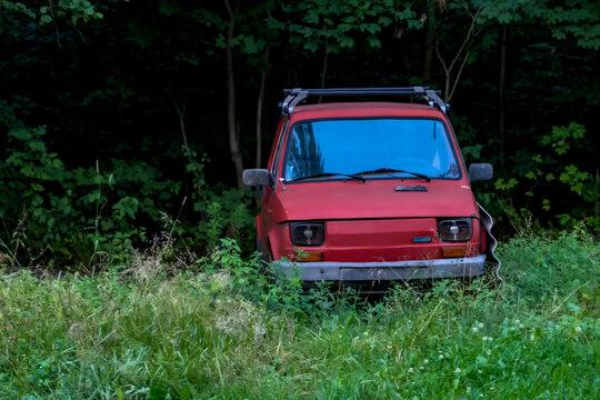 Polska, wojew&oacute;dztwo świętokrzyskie, 26 lipca 2026 r., godz. 19:23. Czerwony polski Fiat 126p, znany jako &bdquo;Maluch&rdquo;, &bdquo;Maluszek&rdquo; , jest częściowo zasłonięty przez bujną trawę i otoczony gęstymi zaroślami