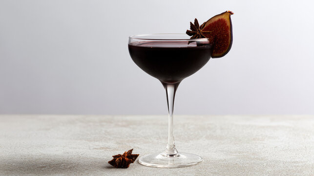 Dark blackberry cocktail in coupe glass garnished with dried fig and star anise on pale stone surface, creating elegant seasonal still life with soft studio lighting and negative space