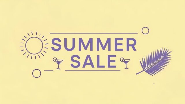 Minimal flat summer sale banner with sun, cocktail glass and palm leaf. animated center headline with subtle horizontal slide of decorative elements.