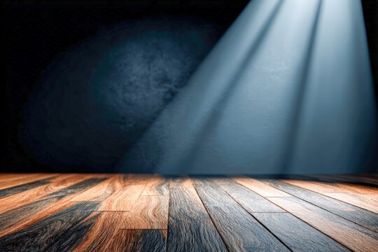 Light breaks through in a dark wood-floored room