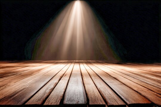 Warm light shines on a wooden stage for a performance