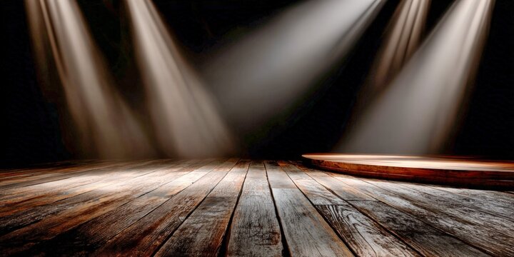 Bright lights illuminate an empty wooden stage