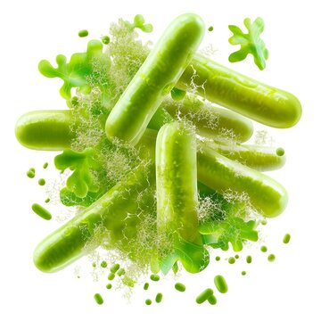 Green rod-shaped bacteria explode outwards, surrounded by a frothy, liquid-like substance
