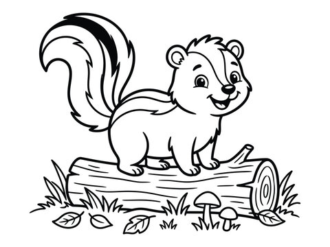 Cute chipmunk standing on a fallen log with mushrooms coloring book page outline vector graphic cute animal forest animal outline illustration black and white kids activity children learning