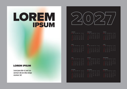 A modern 2027 yearly calendar featuring a black background and a matching abstract poster. This 2027 yearly calendar uses clean typography and a vibrant gradient abstract poster style.