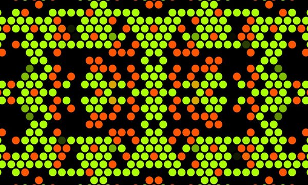 Seamless vibrant neon green and orange dot halftone pattern in symmetrical kaleidoscope layout on a black background