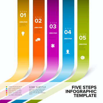 Professional five steps infographic template featuring vibrant ribbons. This infographic layout includes five steps with icons for business presentations and data visualization.