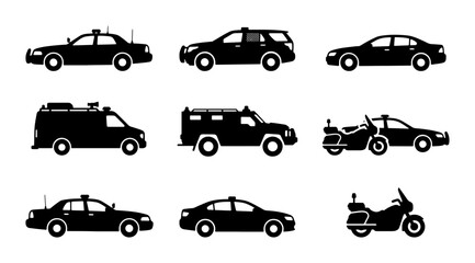 Police Vehicle Icons Set: Patrol Cars, SUV, Motorcycle, Van, Black Silhouettes © Touhid