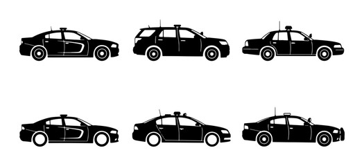 Police Car Icons, Law Enforcement Vehicle Set, Black Silhouette Collection © Touhid