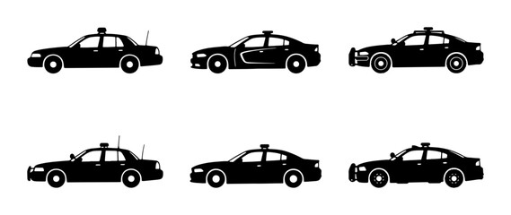 Police Car Icons Set, Law Enforcement Vehicle Silhouettes, Patrol Car Vector Graphics © Touhid