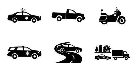 Vehicle Icons Set: Police Car, Pickup Truck, Motorcycle, SUV, Sedan, Farm Truck © Touhid