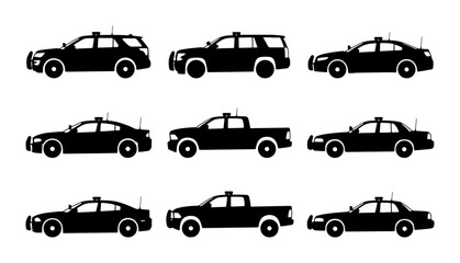 Police Car Icons, Law Enforcement Vehicle Silhouettes, Black Vector Set for Security and Justice Concepts © Touhid