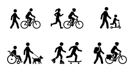 Fototapeta premium Diverse People Icons, Active Lifestyle Set, Walking, Cycling, Running, Scooter, Wheelchair, Dog, Skateboard, Backpack, Vector Graphics