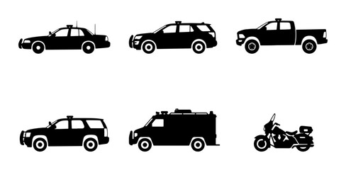 Black Silhouette Icons: Police Car, SUV, Pickup Truck, Armored Van, Motorcycle © Touhid
