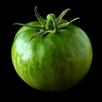 Fresh green tomato with its stem attached, isolated on black background with clipping path.