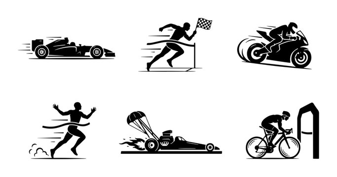 Sports Icons: Racing Car, Runner, Motorcycle, Dragster, Cyclist, Parachute Vector Set