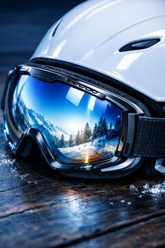 White ski helmet with reflective goggles showing snowy mountain landscape for winter sports background poster banner and outdoor adventure design
