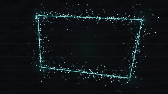 Rectangle frame outline glows with tiny floating particles in a dark environment resembling a digital interface element.