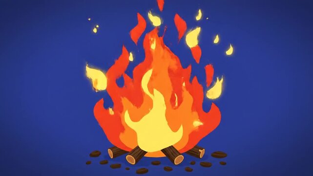 Animated Campfire Burning with Rising Sparks on a Solid Blue Background