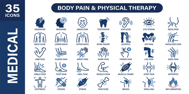 Body pain icon set for backache, headache, injury, muscle, teeth, ear,  and physical therapy symbols. Solid vector icon collection.