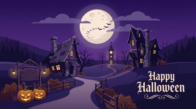 Spooky halloween night scene with a full moon and haunted house as a festive holiday celebration vector background illustration