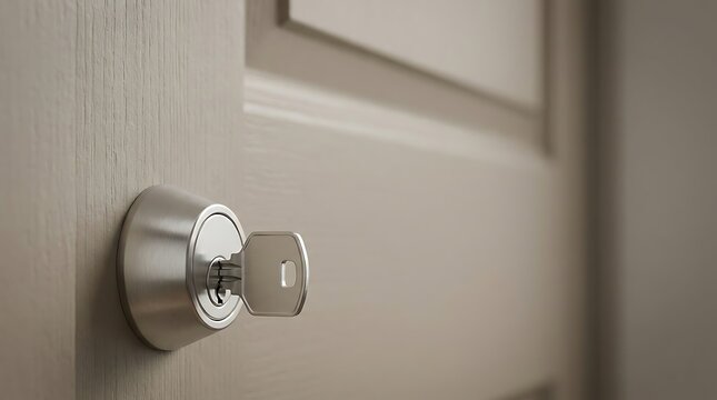 A close-up shot of a modern door lock with a inserted cl&eacute; maison in a bright interior setting