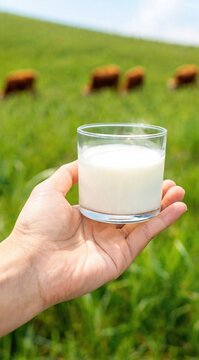 A hand holds a glass of fresh milk in a green field. Cows graze in the background under a clear blue sky. The scene conveys rural life and dairy farming.