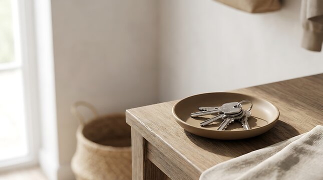 A close-up view of a small tray holding a set of keys on a wooden table with a home setting cl&eacute; maison