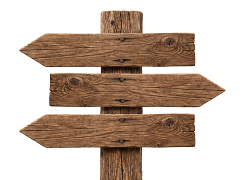 Rustic wooden directional signpost, weathered timber arrow boards, vintage wood wayfinding post isolated on white background