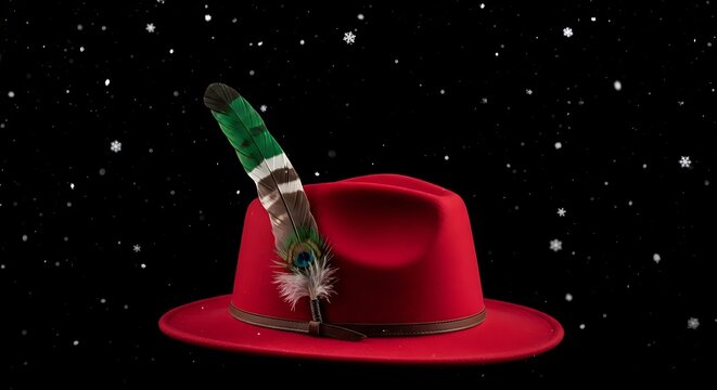 Red hat with colorful peacock feather on starry background