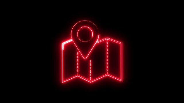Glowing red neon map pin animation on black background, for navigation and, location services