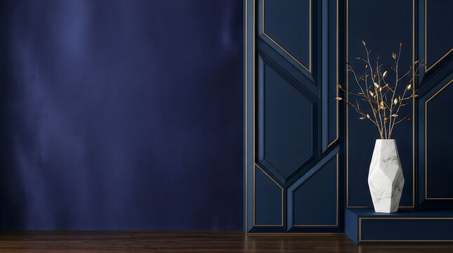 White vase with dry branches standing on a black cabinet against a dark blue wall in a modern room