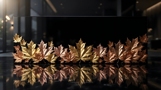 Shiny metallic maple leaves row with reflection on a dark black background