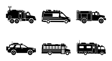 Fototapeta premium Emergency Vehicle Icons Set: Ambulance, Police Car, Fire Truck, Bus, Truck, RV