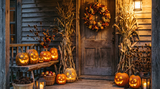 Front porch of a house heavily decorated for Halloween with pumpkins and autumn foliage