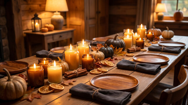Spooky elegant Halloween dinner table setting with lit candles and small pumpkins