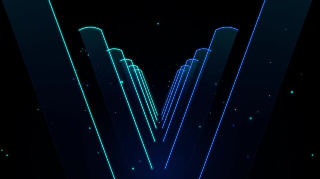 V-shaped linear paths stretch toward a distant vanishing point to convey motion and directional growth in a digital environment.