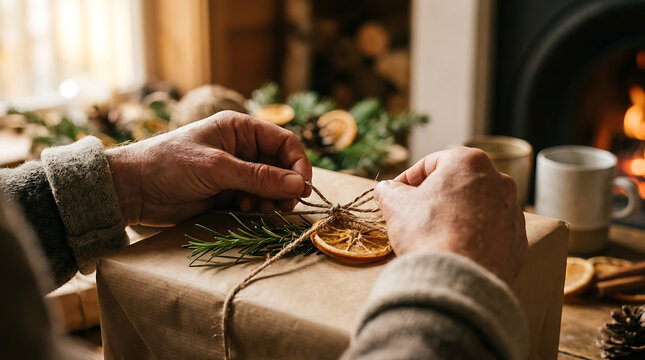 Person's hands wrapping a rustic Christmas gift with brown paper and twine