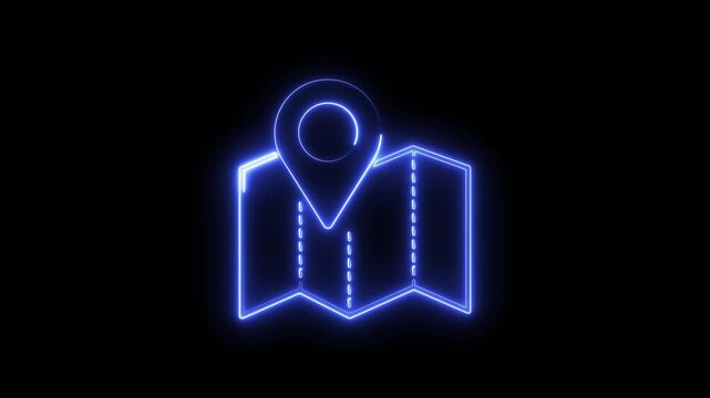 Glowing neon map and location pin animation for navigation and travel technology