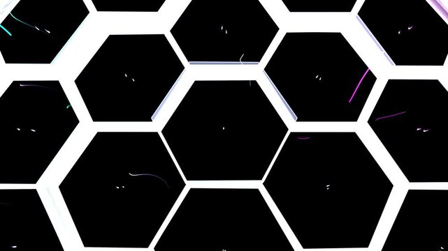 Honeycomb pattern features geometric black shapes outlined in bright white lines against a dark backdrop to represent modular architecture.