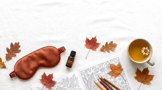 Autumn flat lay composition with a mug of tea, sweater, leaves and pumpkins on white