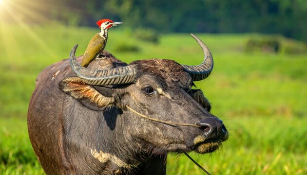 Water buffalo with bird perched on its head.