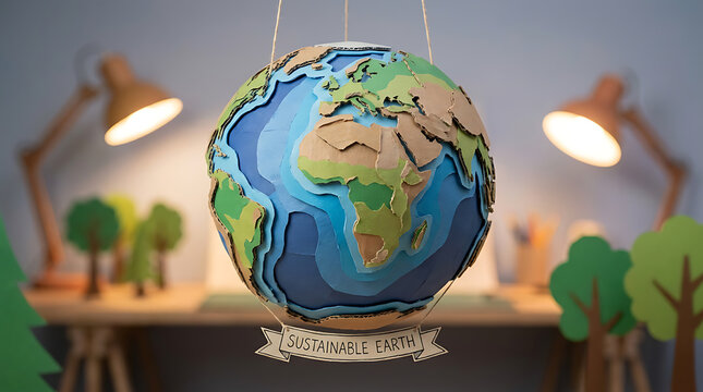 Educational craft of a paper globe wearing a graduation cap on a desk