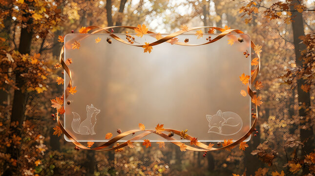Empty wooden frame hanging in a beautiful autumn forest with colorful fallen leaves and trees